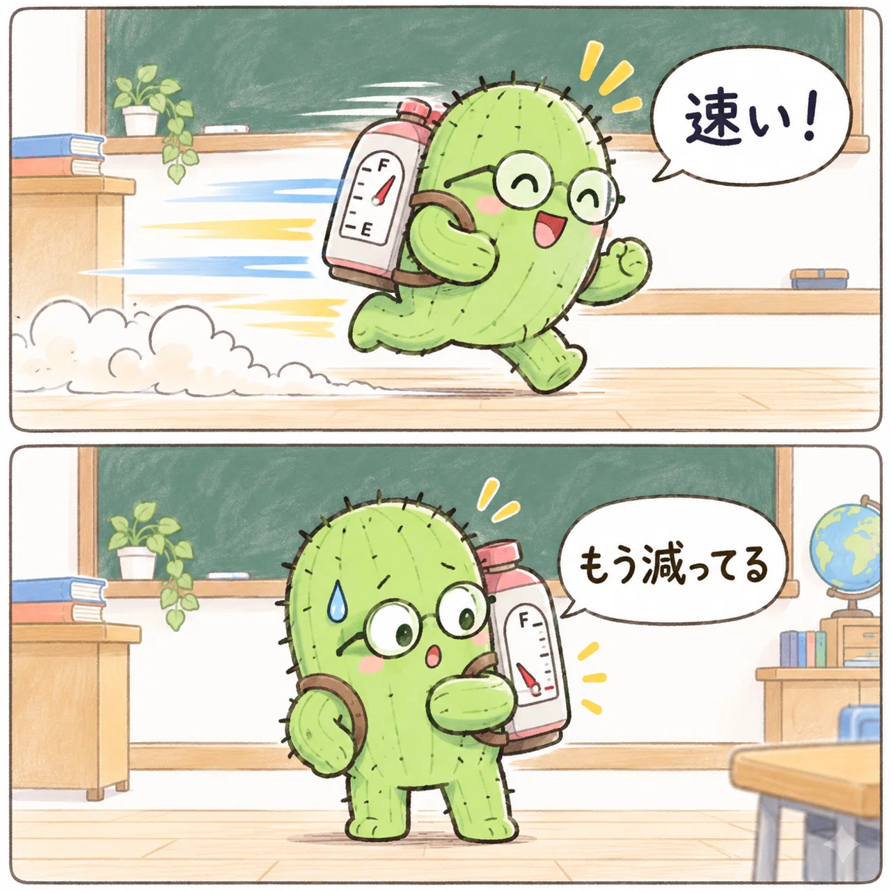 速く走れたけれど、タンクがもう減っているサボテン先生