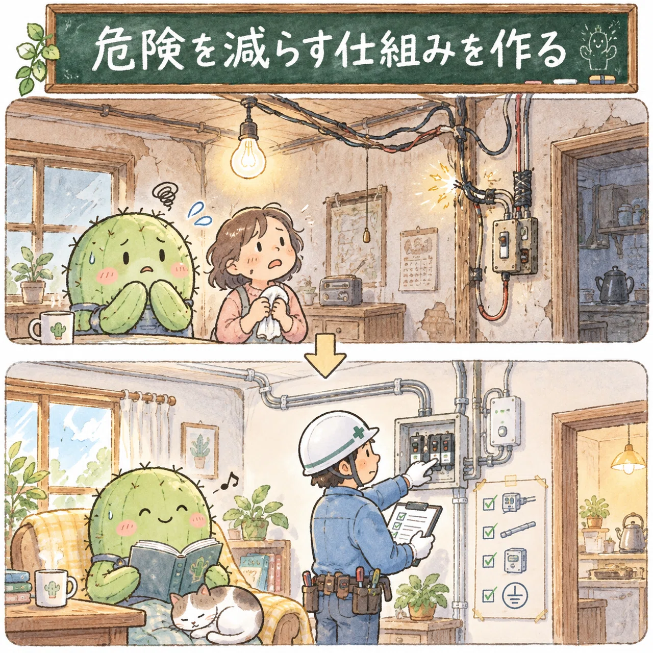 電気の危険を減らすために配線と安全装置を整える漫画