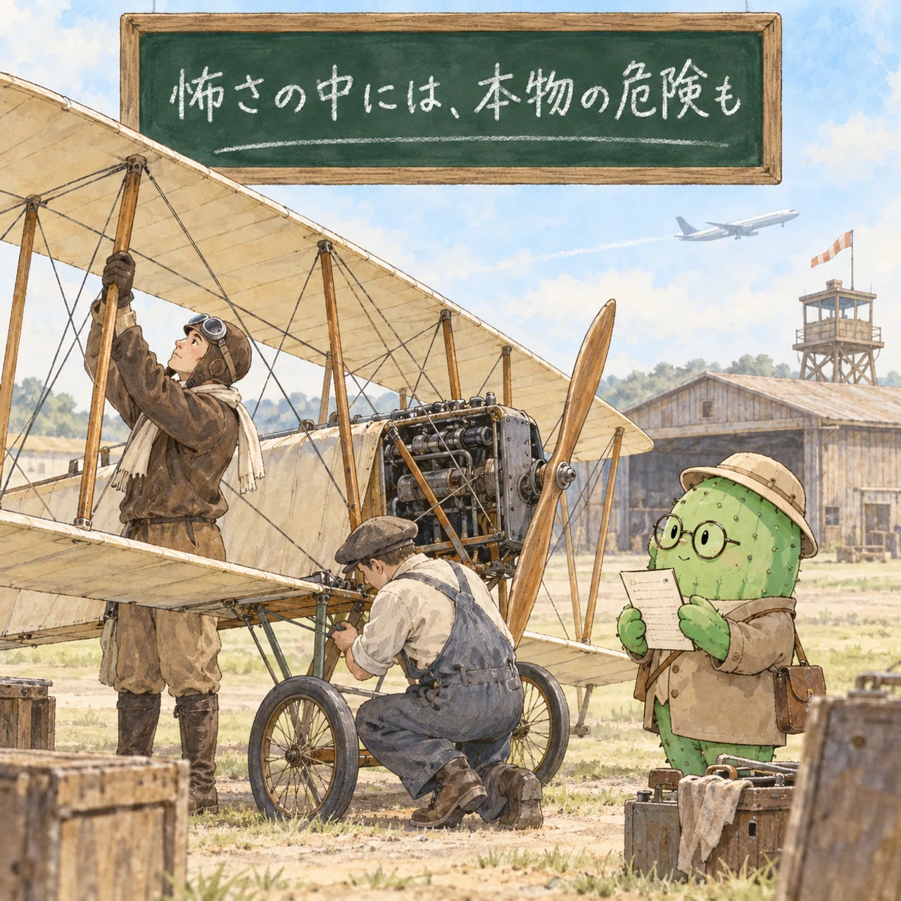 初期の飛行機を点検する飛行士と整備士とサボテン先生