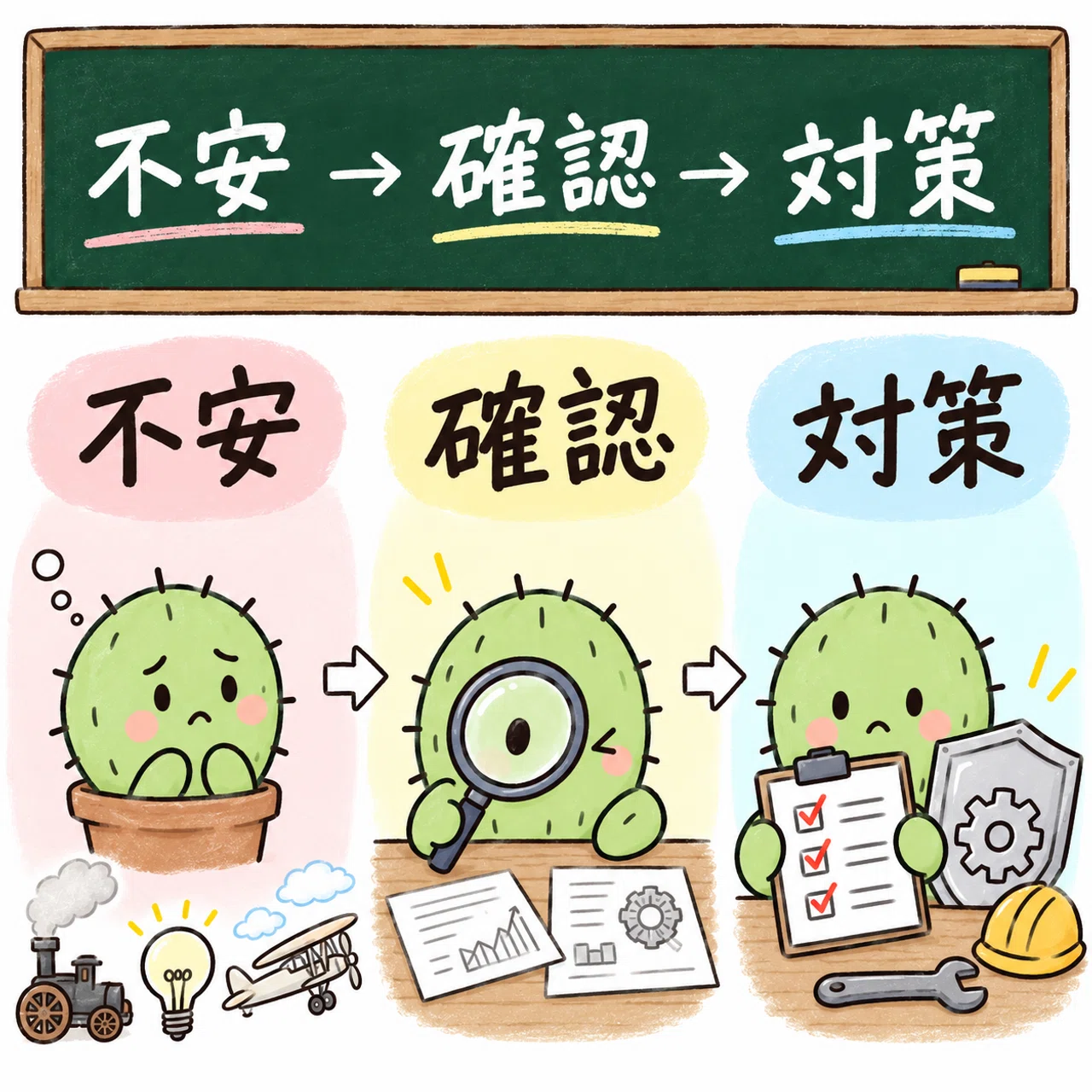 新しい技術の不安から問題の確認と対策へ進む流れ