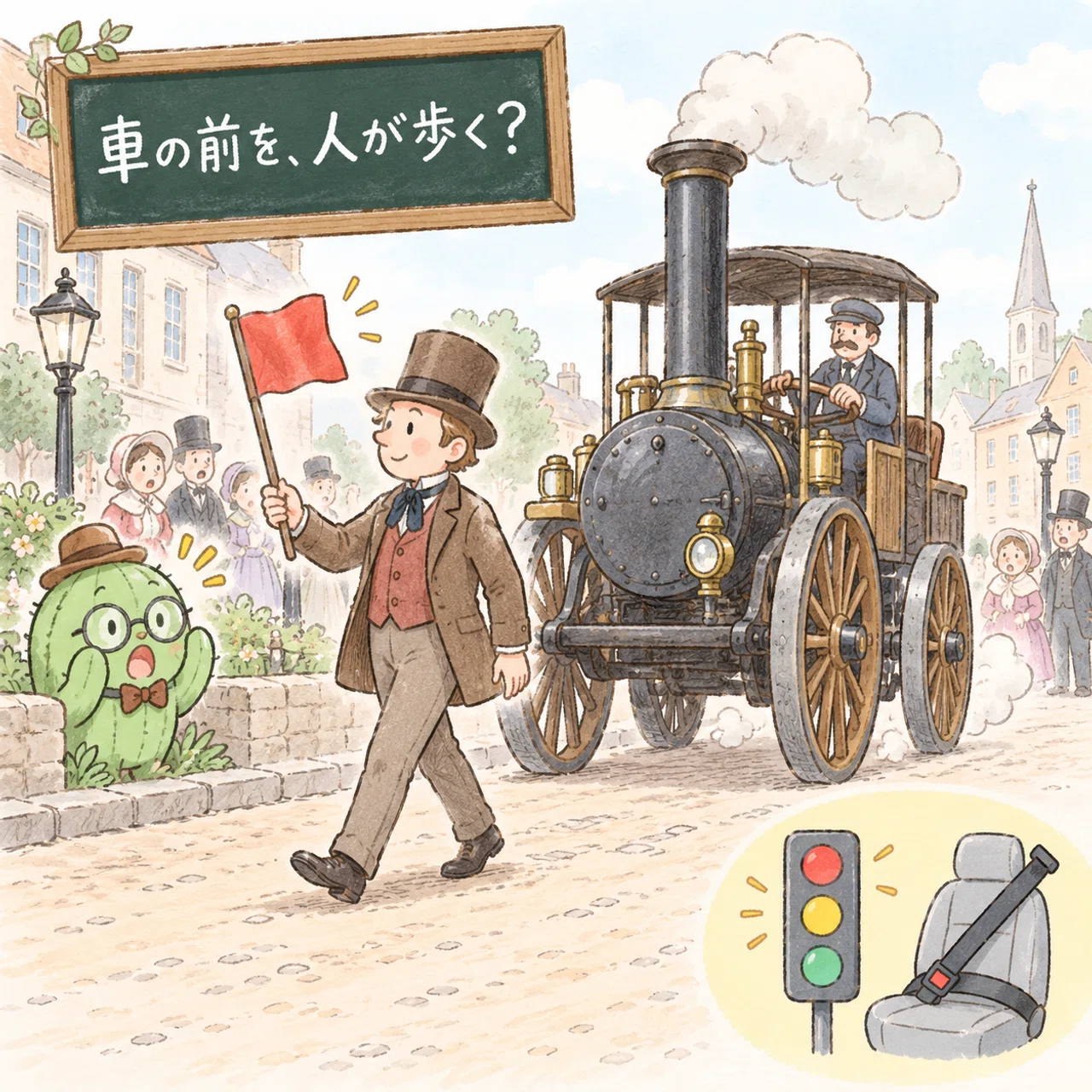 蒸気車の前を赤い旗を持つ人が歩いて知らせるイメージ