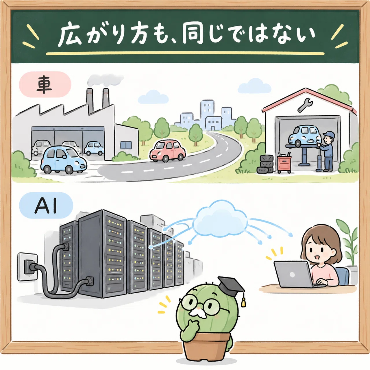 工場と道路を作る普及とネットで配信する普及を比べる図解