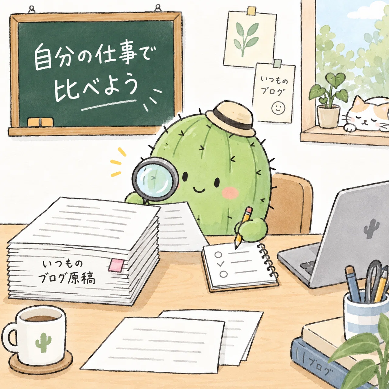 自分のいつもの仕事をAIに渡し、手直しの量をノートで比べるサボテン先生