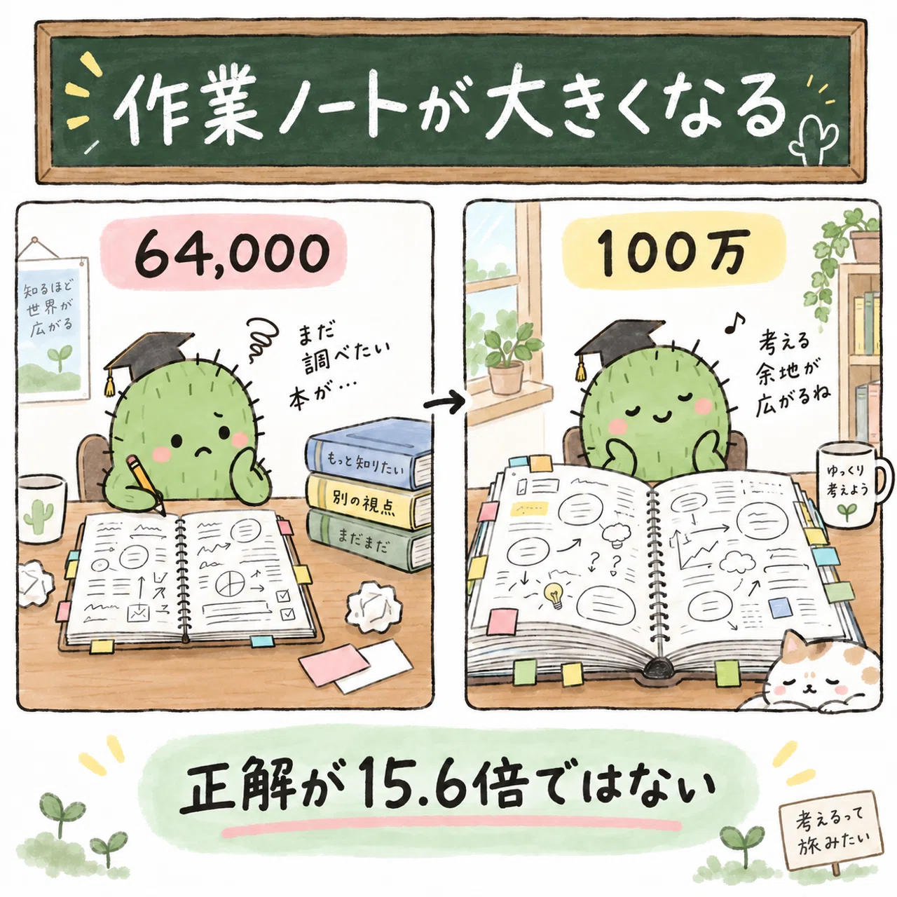 小さな作業ノートから大きな作業ノートへ変わるたとえを描いた漫画