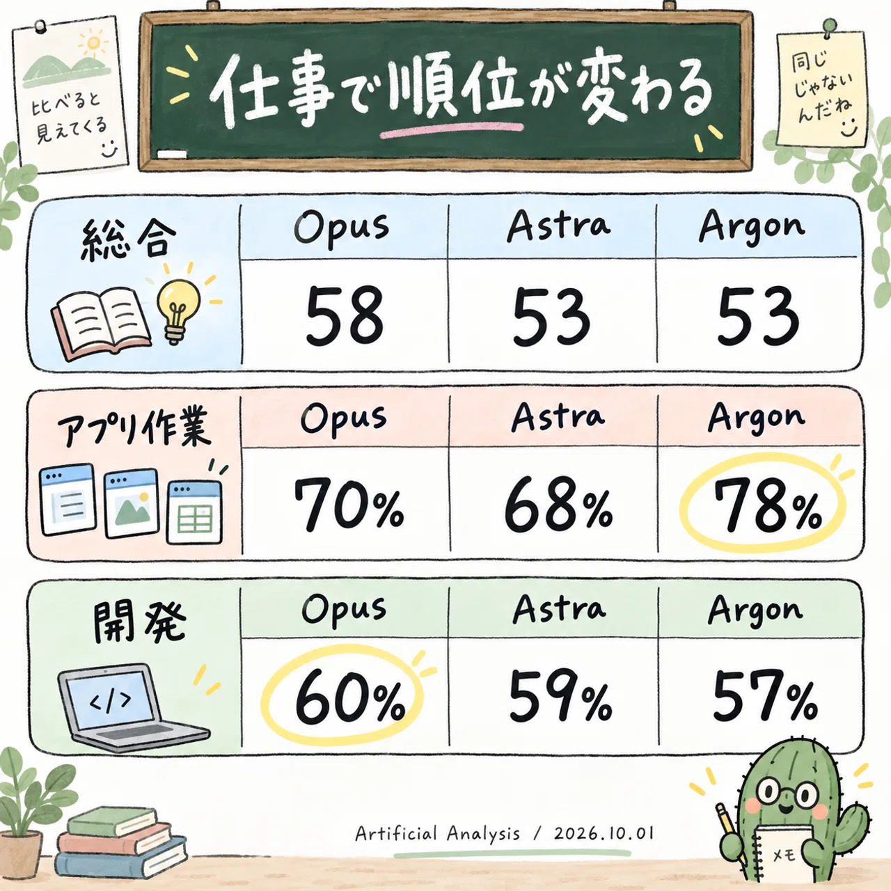 Argon・Astra・Opusの三種類の比較テストを数字で示す図解