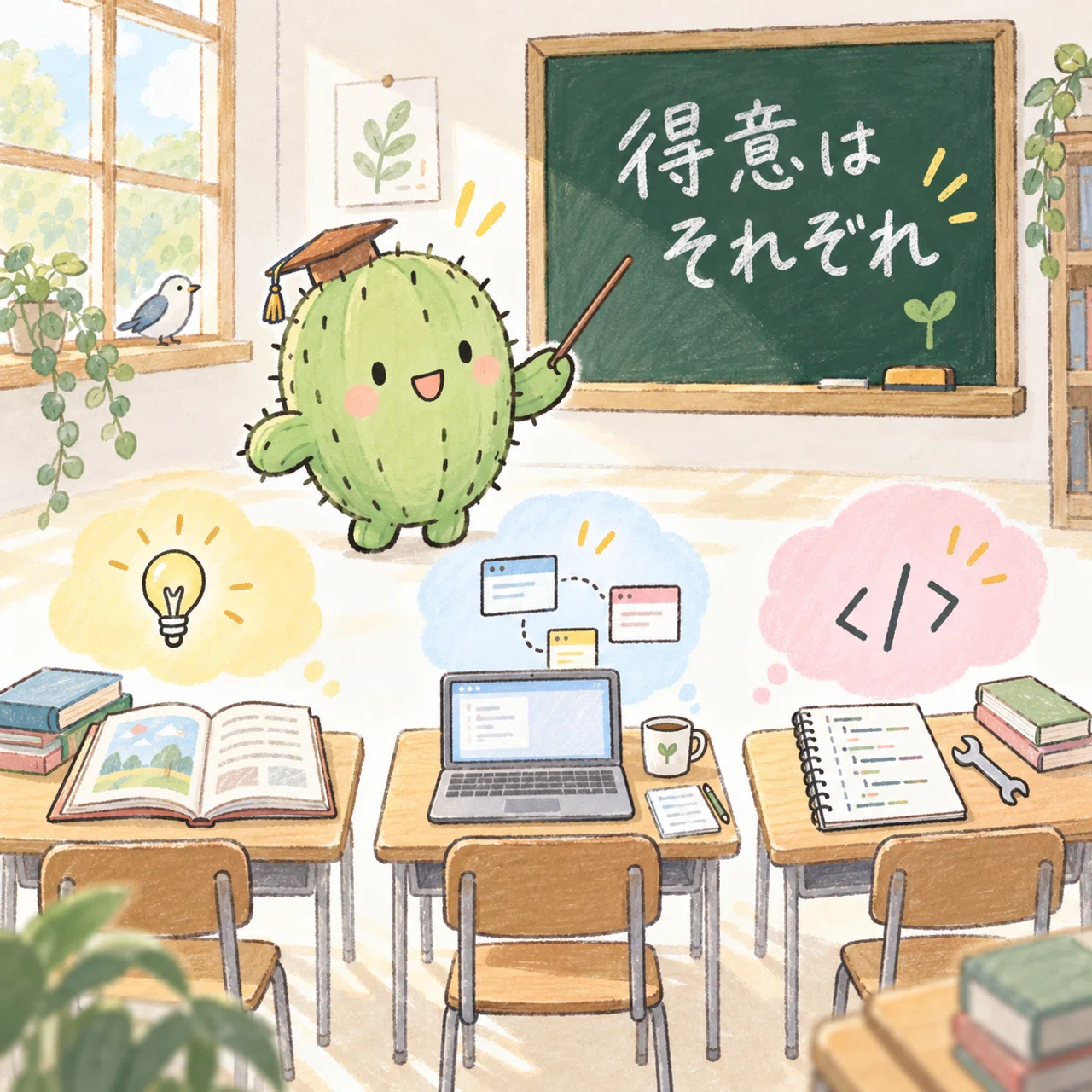 三つのAIが、それぞれ別の仕事で力を発揮する教室のイラスト