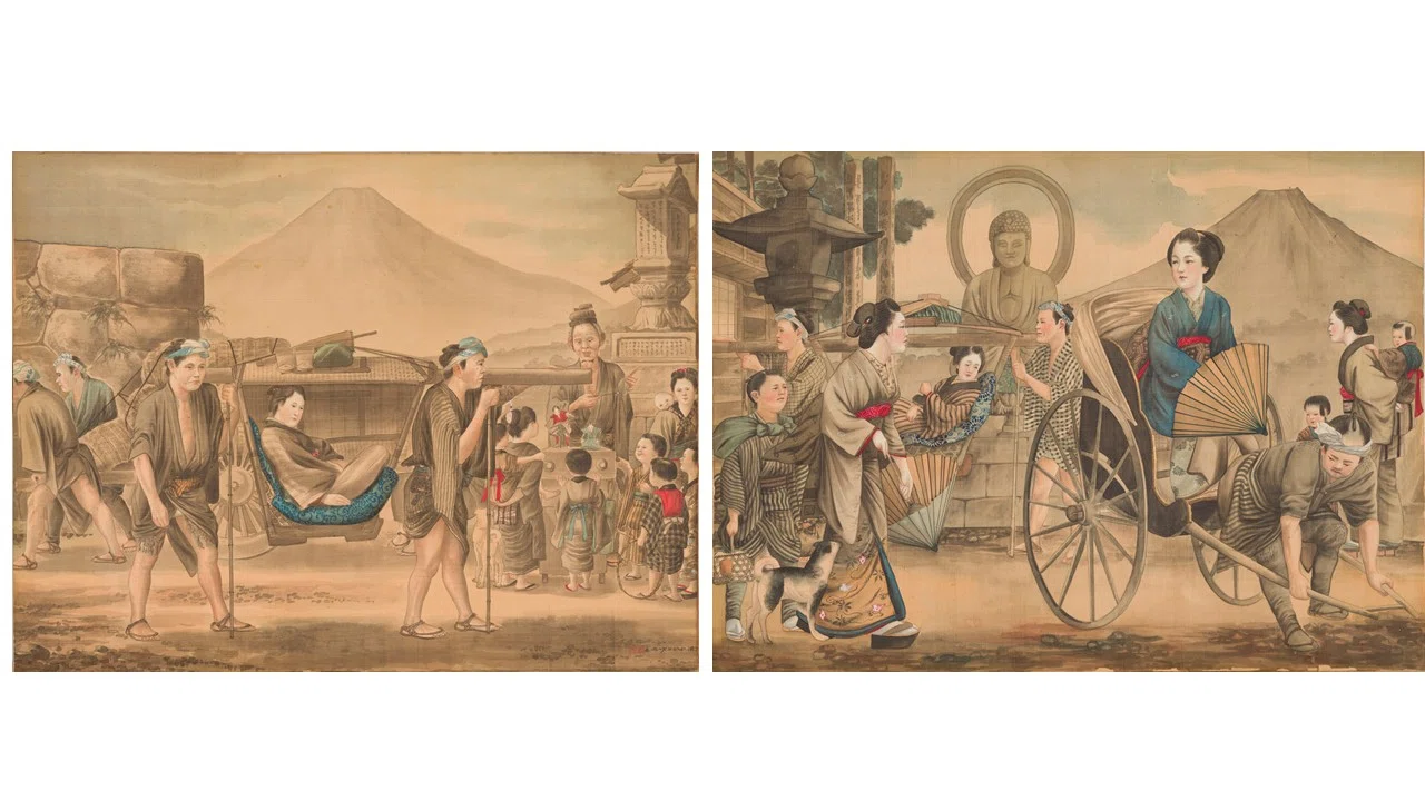 【真作】掛軸　こしの千涯　飴屋と良寛さま　水墨人物図　風俗画　識箱入　Y194 第四回 風俗画―とらえるまなざし｜横浜市歴史博物館