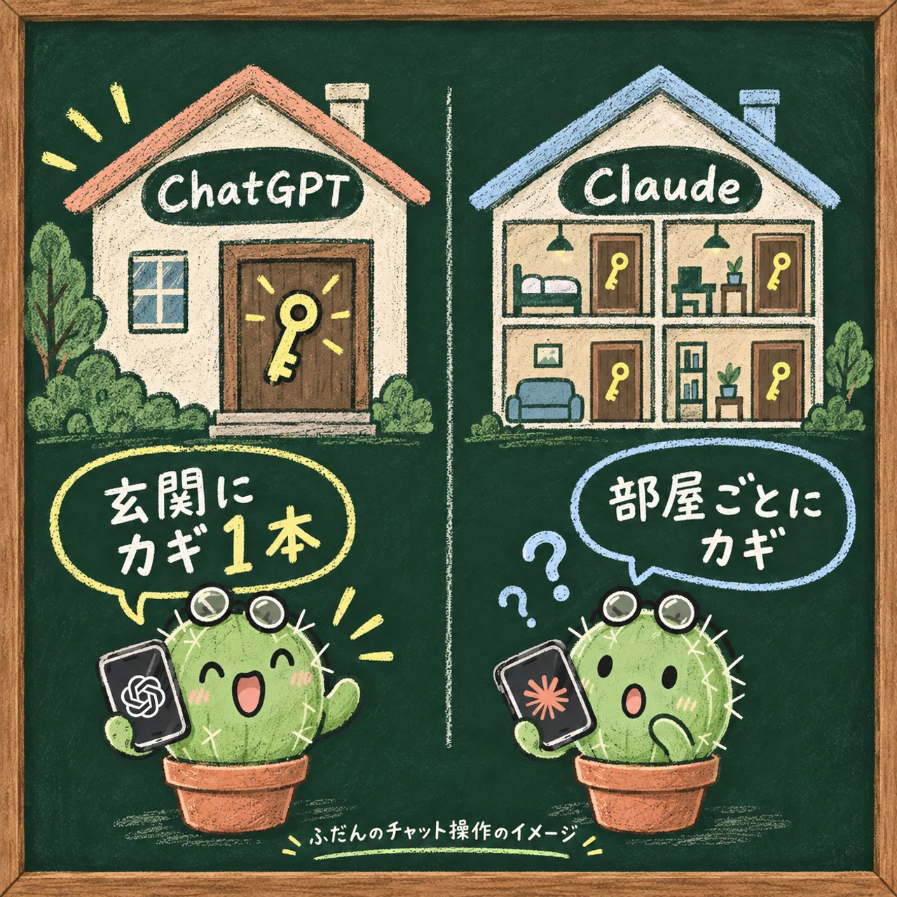 ふだんのチャット操作を、部屋ごとのカギと玄関のカギで比べたイメージ