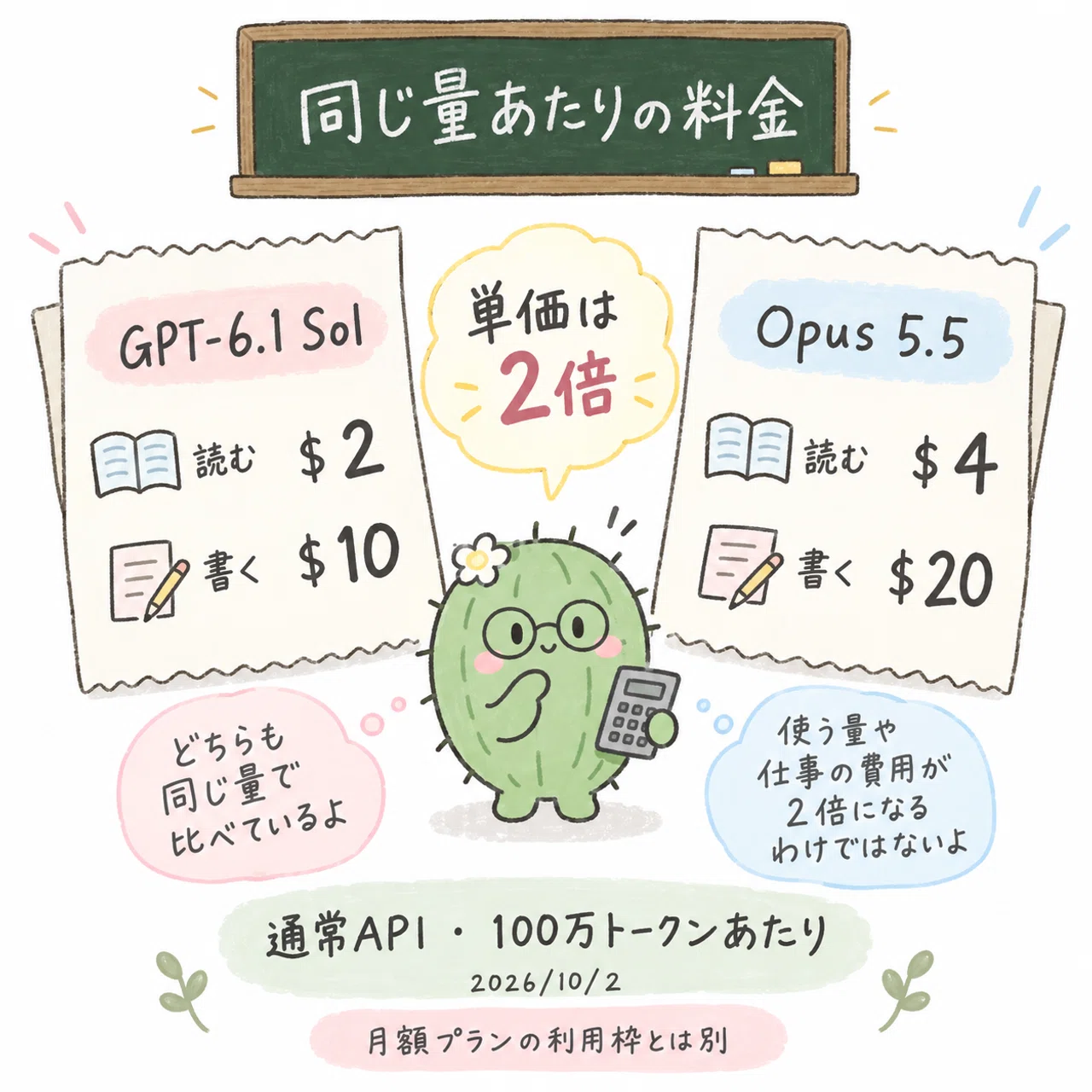 同じ量あたりの通常API料金。Solは入力2ドル・出力10ドル、Opusは入力4ドル・出力20ドル
