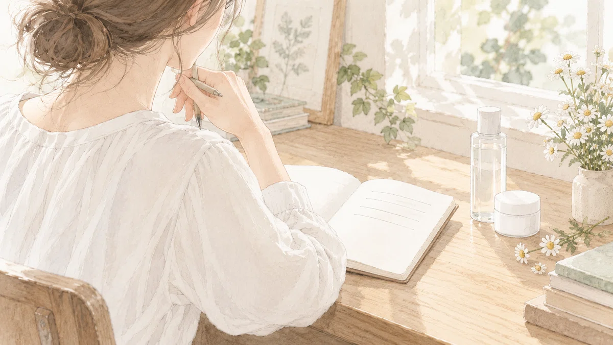 スキンケアの疑問を考えるノートと鏡のイラスト