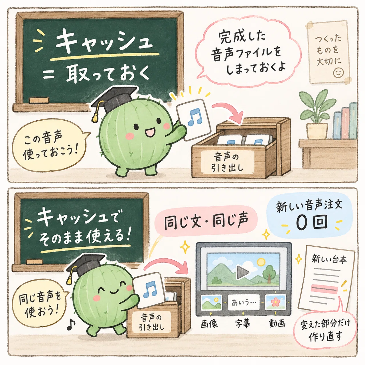 キャッシュは作った音声を取っておくこと。同じ文と同じ声なら保存済みの音声を使う