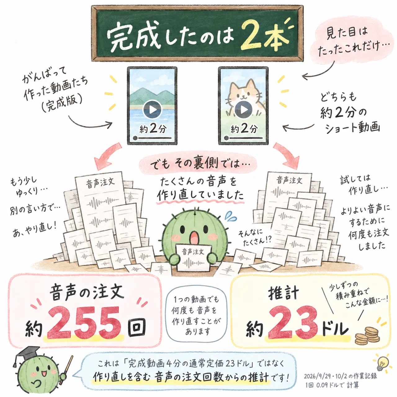 完成動画2本に対して、作り直しを含む音声の注文が約255回あった
