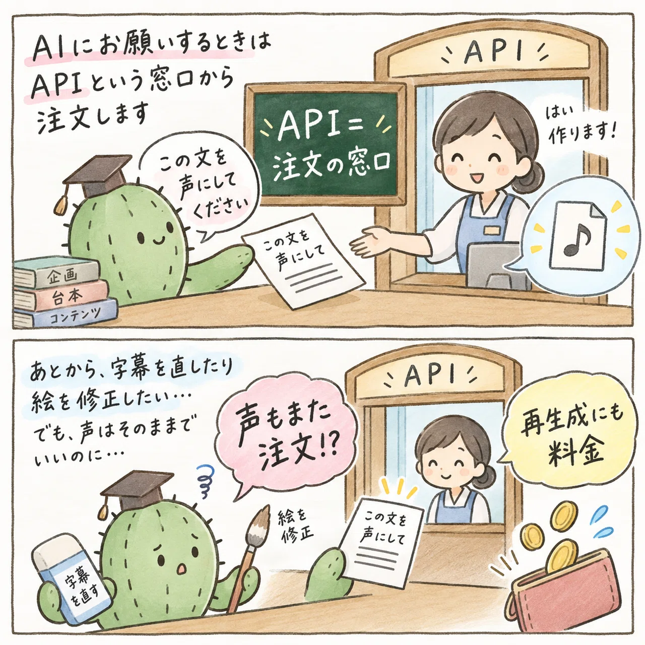 APIは注文窓口。画像や字幕の修正でも音声を頼み直すと新しい注文になる