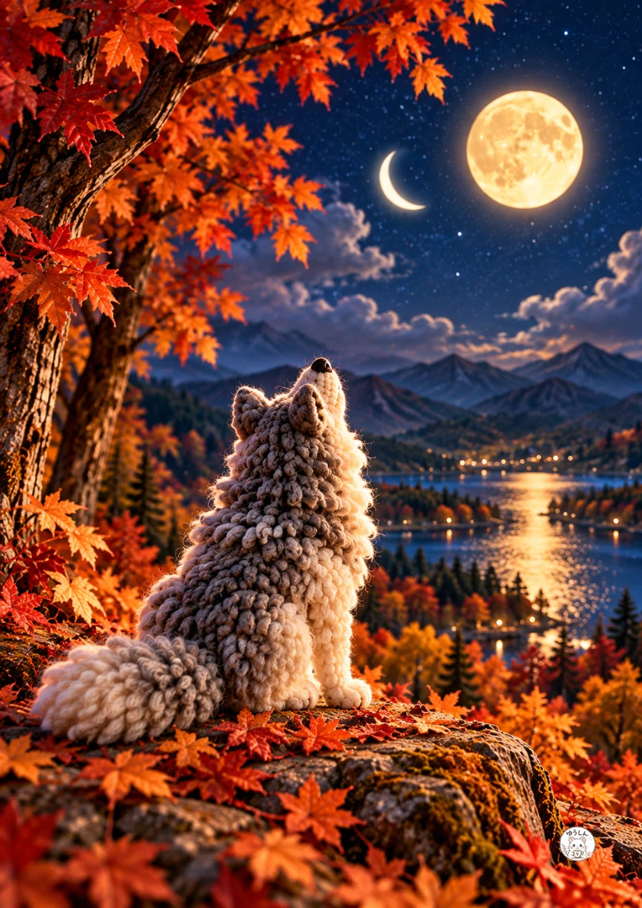 もこもこの毛糸でできた狼が、紅葉した木の下の岩場に座り、月夜を見上げている。奥には山と湖が広がり、空には満月と三日月が並んでいる。ふわふわのしっぽと、もこもこの背中。