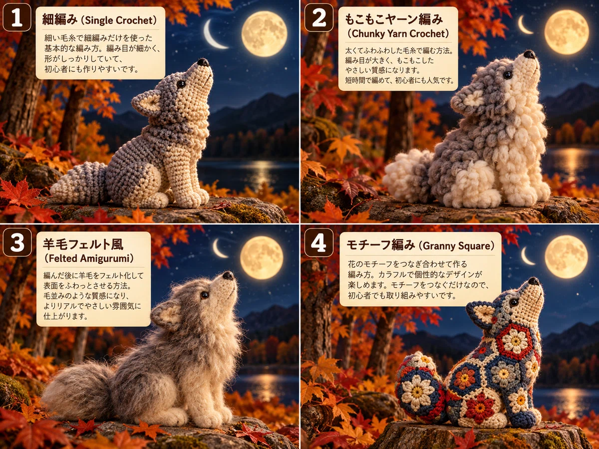 秋の月夜に狼が空を見上げる姿を、１・細編み、２・もこもこヤーン編み、３・羊毛フェルト風、４・モチーフ編みで表した比較画像。それぞれに番号、表現名、短い説明が添えられている。