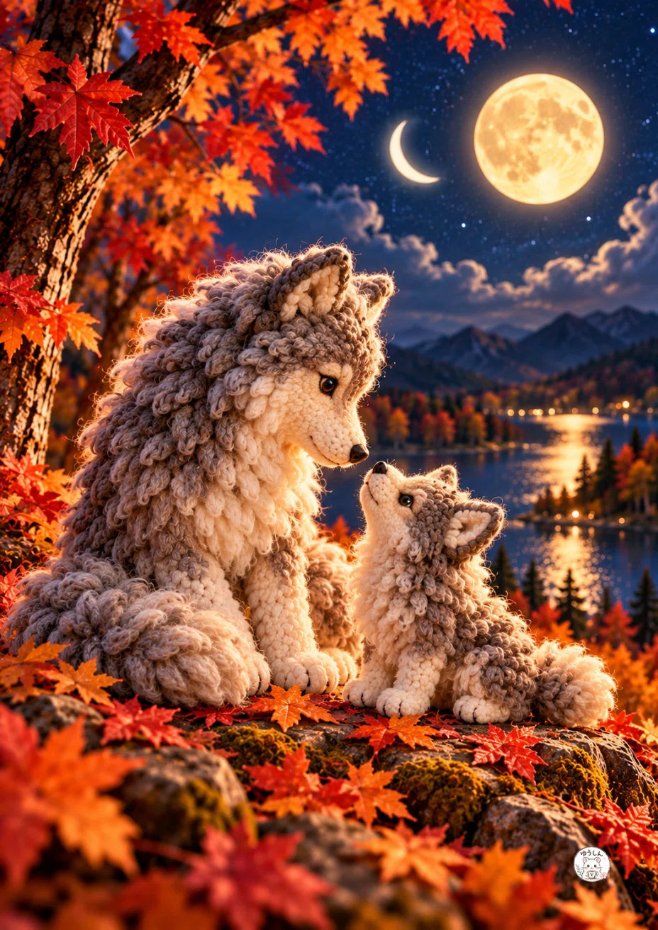 秋の月夜、もこもこの毛糸でできた狼の親子が、紅葉した木の下で顔を寄せて見つめ合っている。背景には湖と山々が広がり、空には満月と三日月が並んでいる。