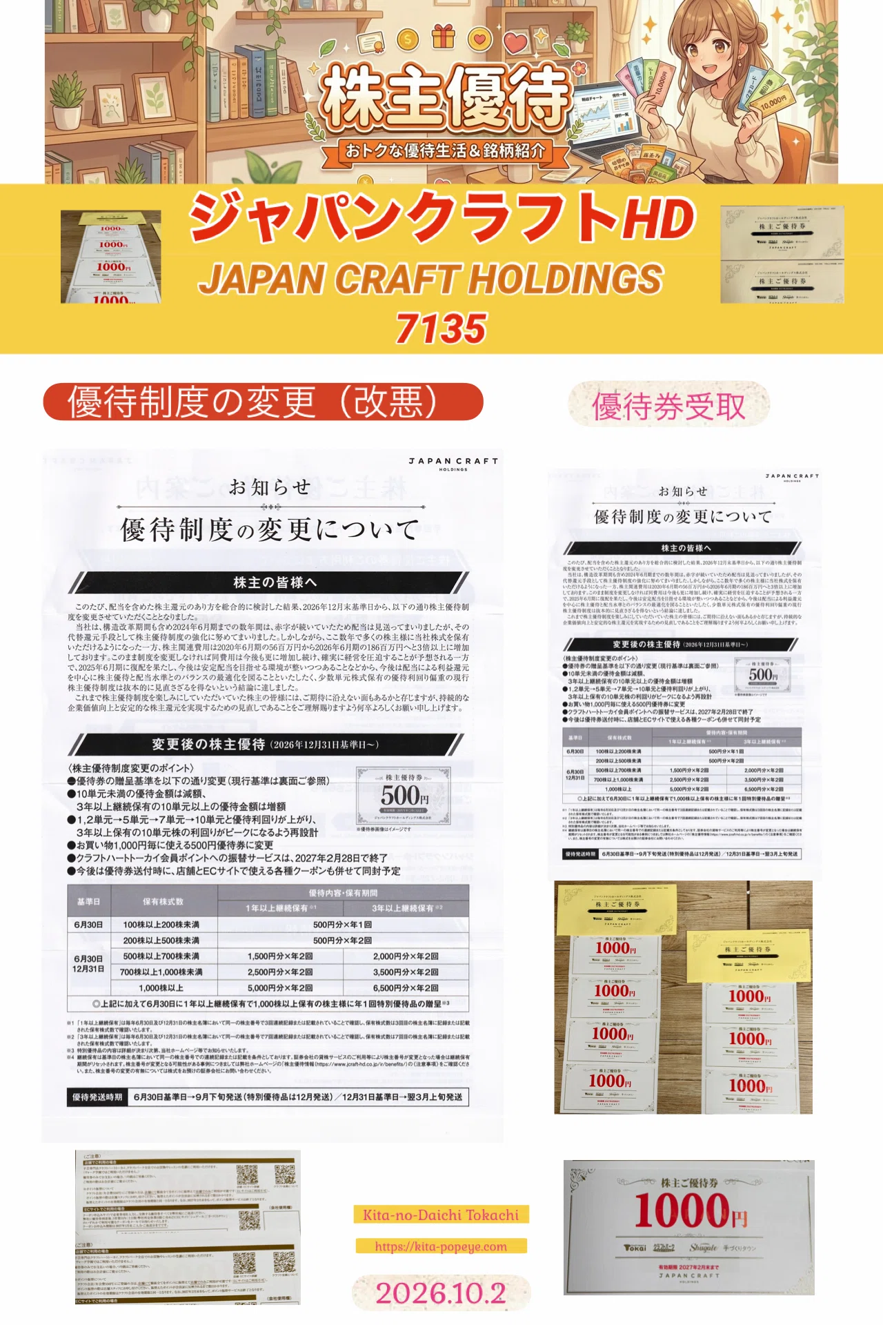 株主優待】ジャパンクラフトHD(7135)最後の1,000円券が届きました 株主優待】ジャパンクラフトHD(7135)最後の1,000円券が届きました