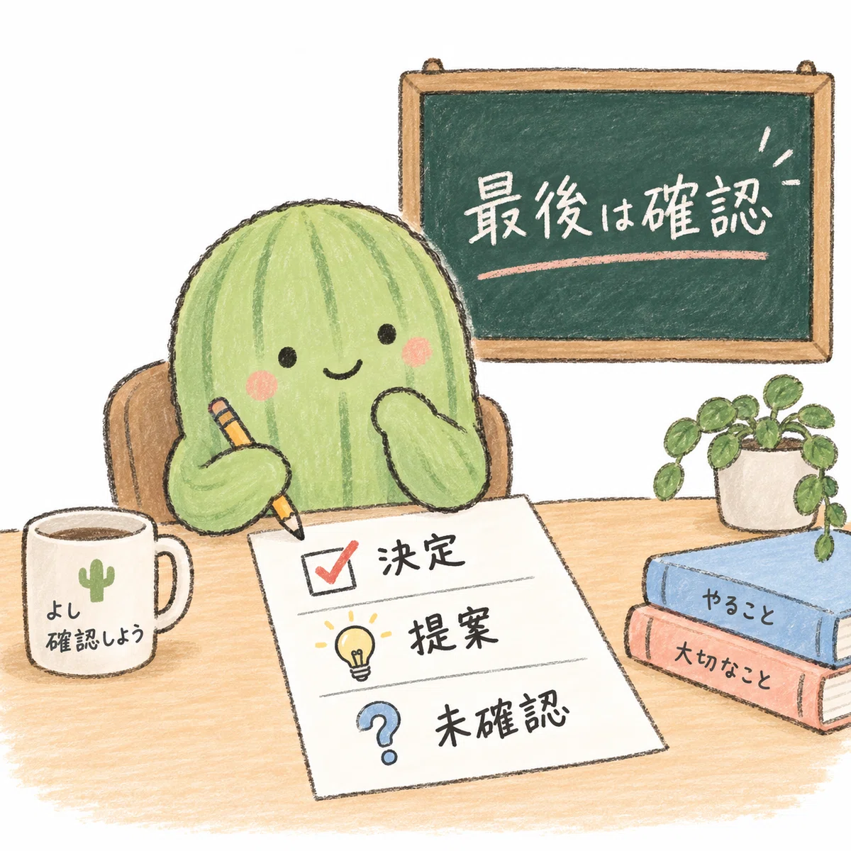 指示書の条件を照合し、未確認の部分を残すサボテン先生