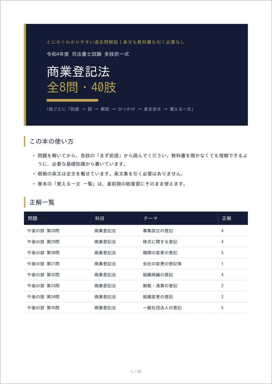 令和4年度 司法書士試験】商業登記法 過去問解説 全8問・40肢