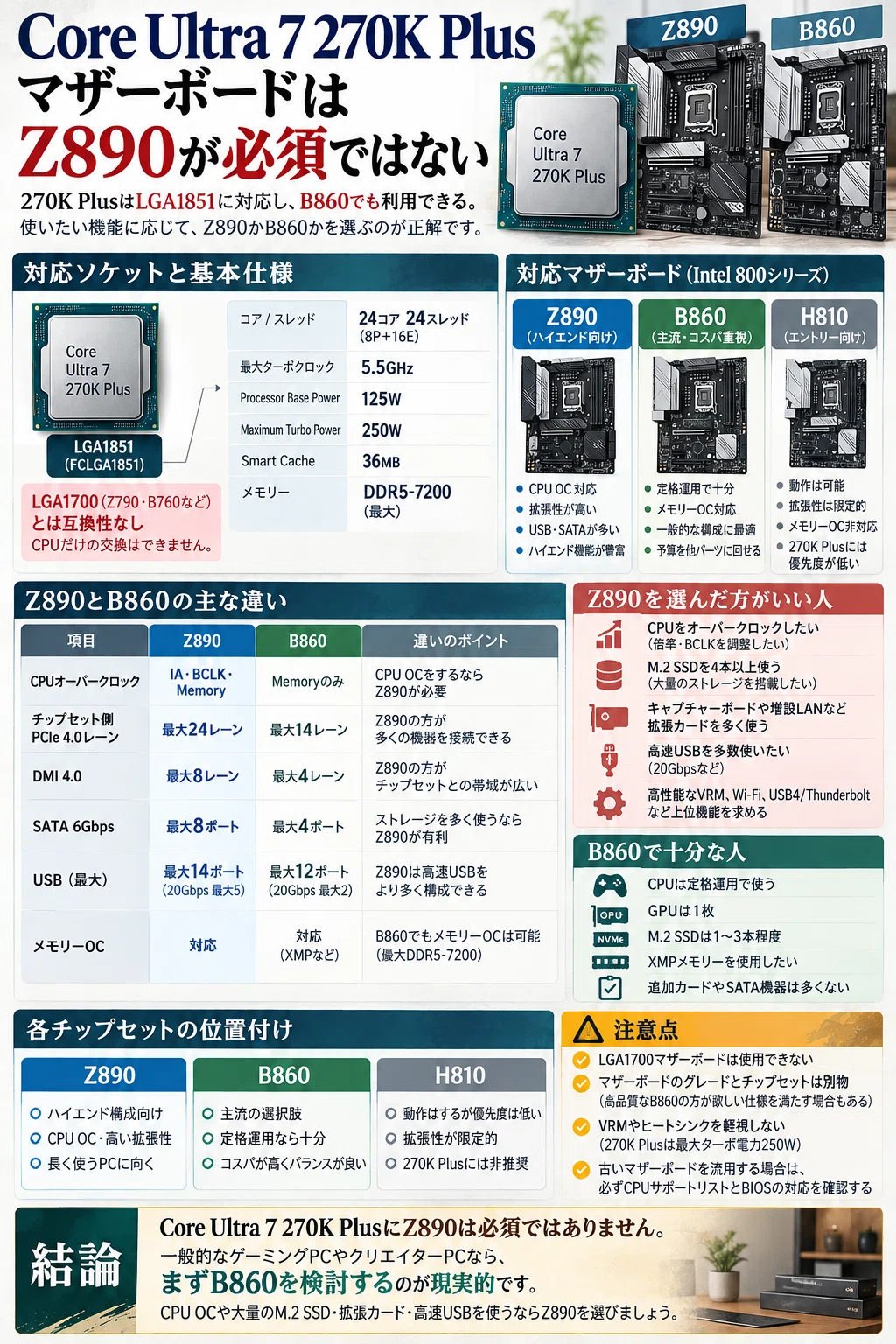 Core Ultra 7 270K Plusのマザーボードはどれ？Z890とB860を比較