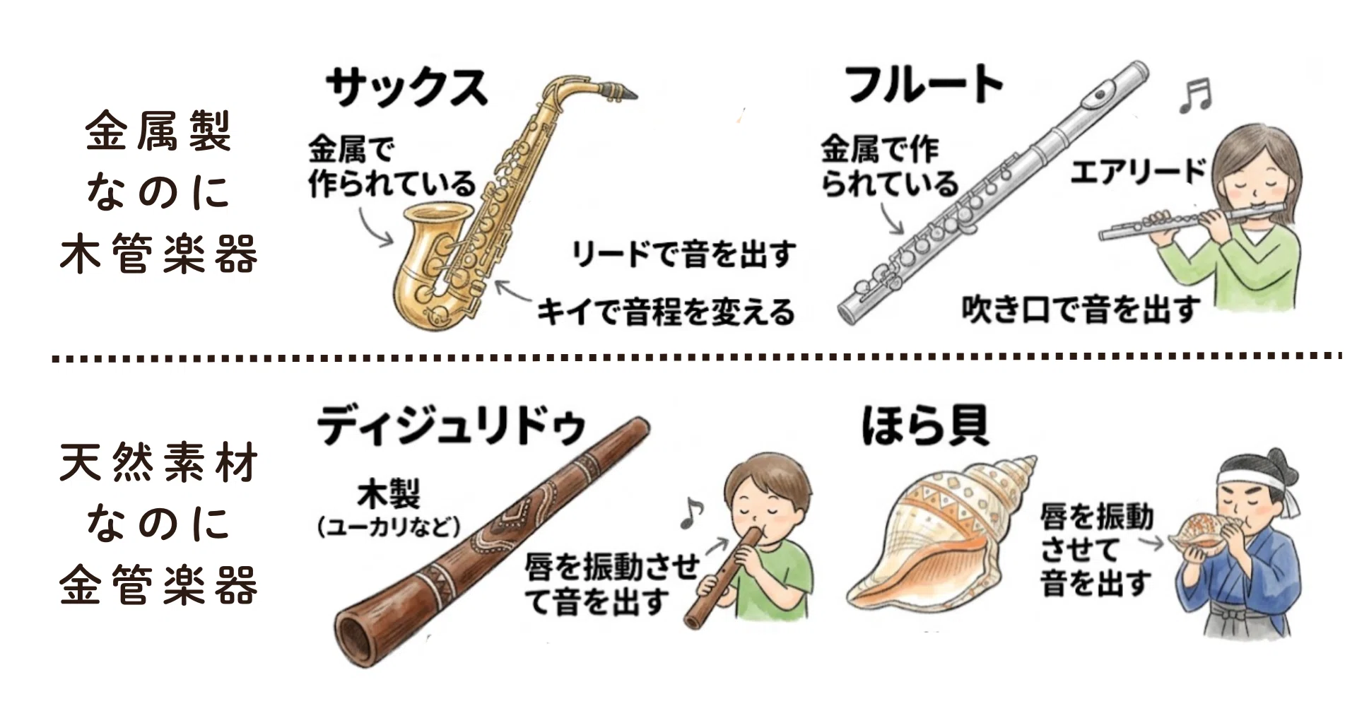 Are flutes and saxophones not brass? The 