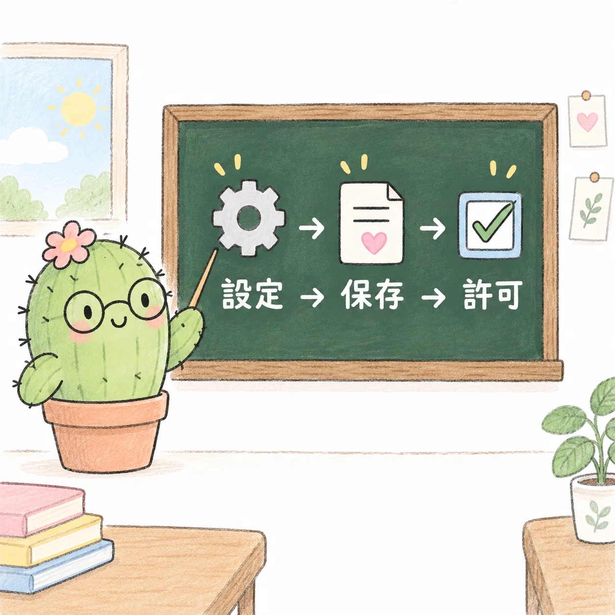 設定、保存、許可の3段階を説明するサボテン先生