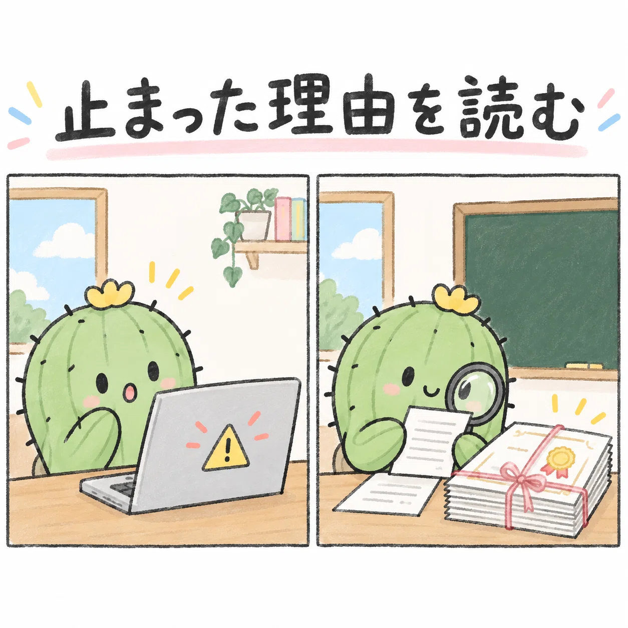 止まった理由を読む。記録を調べるサボテン先生のマンガ