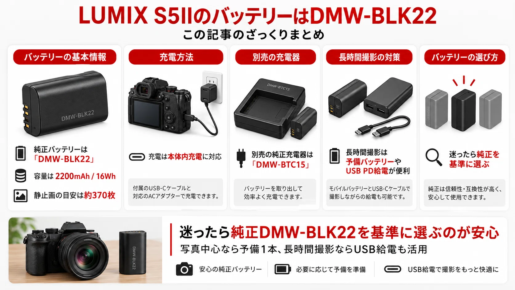 LUMIX S5IIのバッテリーはDMW-BLK22｜持ち・充電方法・互換バッテリー