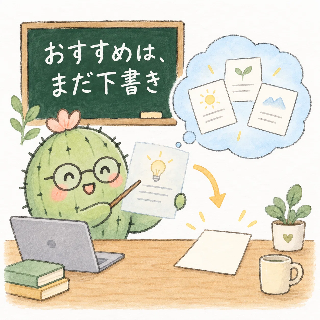 おすすめのメモと入力済みの文章は別だと説明するサボテン先生