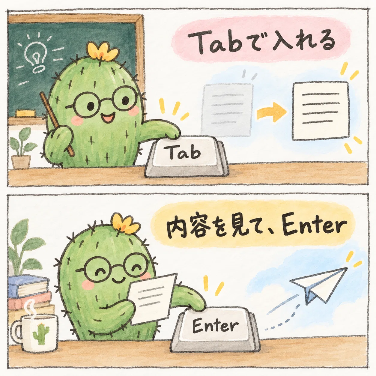 Tabで提案を入れ、内容を確認してからEnterを押す説明マンガ