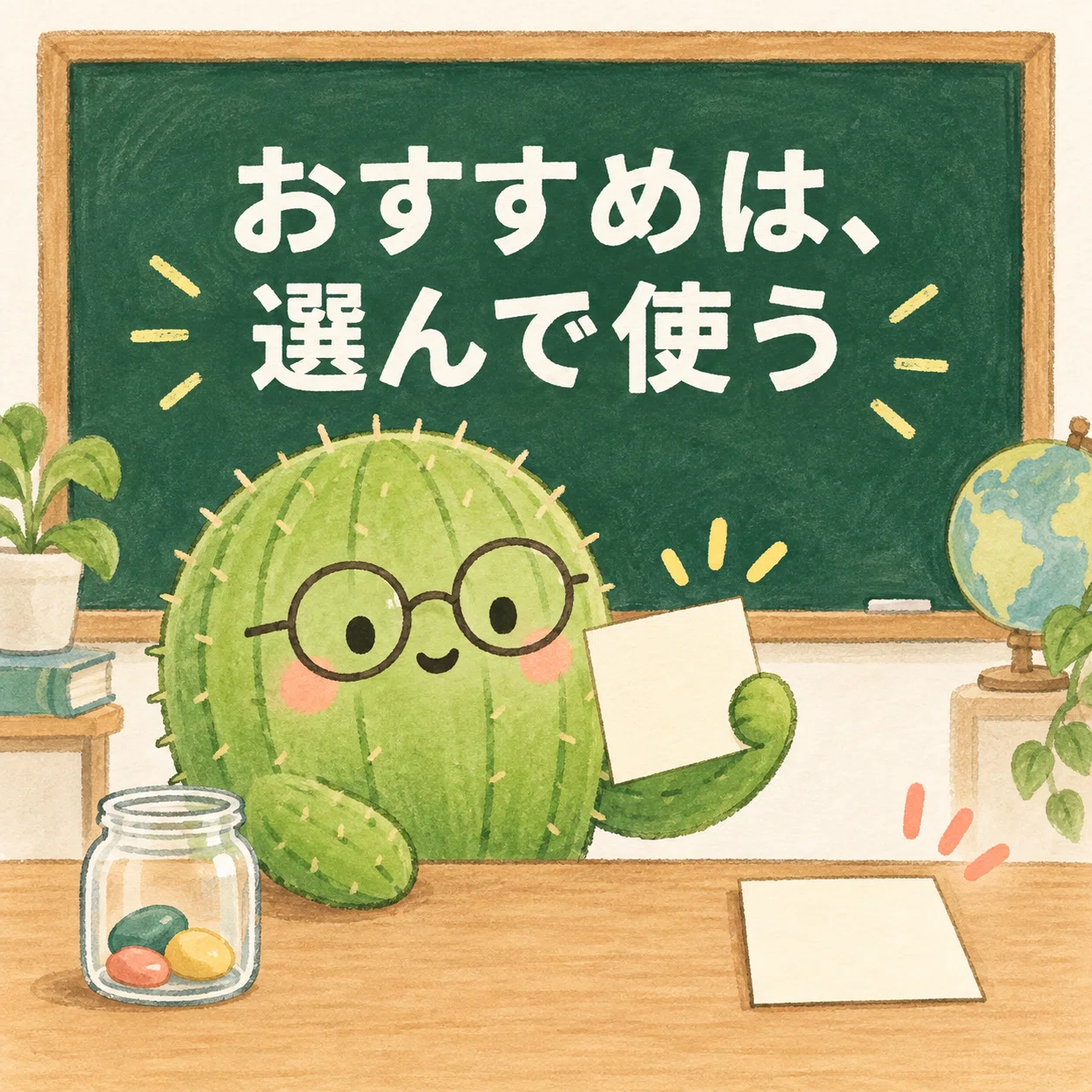 おすすめは任意で、使用量も使うことをやさしく示すサボテン先生
