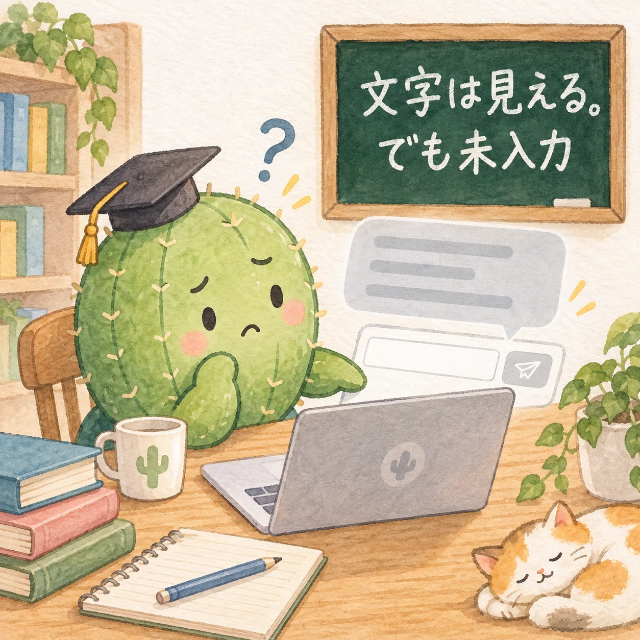 文字が見えているのに送れず困っているサボテン先生