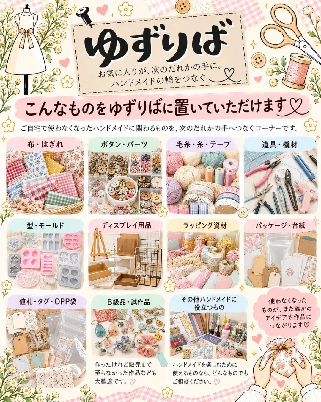 ハンドメイド資材が人から人へ。なないろびよりの『ゆずりば』とは