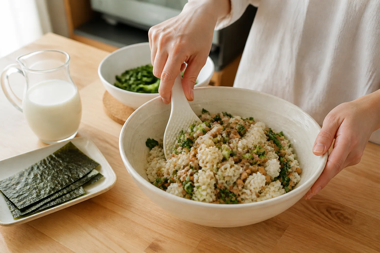 [Breakfast | 10/7 (Wed)] Natto and Komatsuna Rice Balls, Soy Milk ...