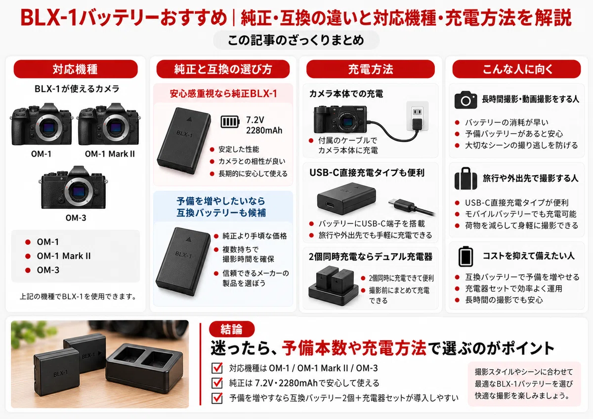 BLX-1バッテリーおすすめ｜純正・互換の違いと対応機種・充電方法を解説｜カメラマン養成講座【迷わず選べるカメラと機材のセレクトガイド】