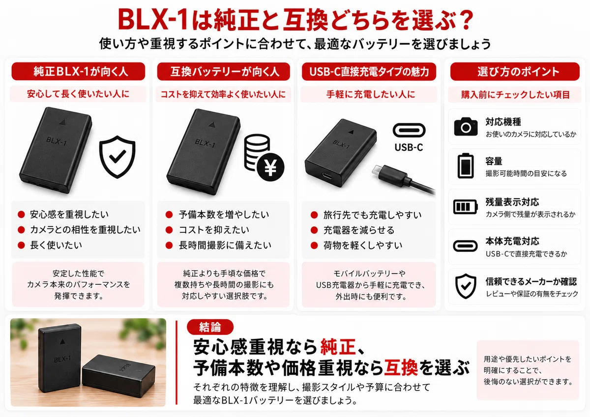 BLX-1バッテリーおすすめ｜純正・互換の違いと対応機種・充電方法を解説｜カメラマン養成講座【迷わず選べるカメラと機材のセレクトガイド】