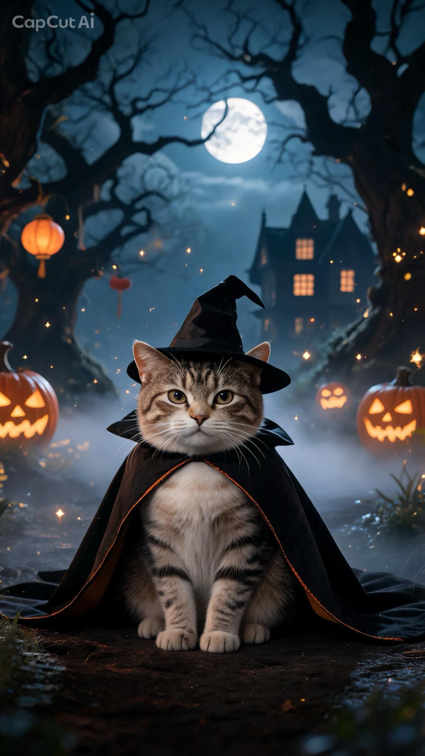 An ordinary cat transforms into a 'Witch Cat'. AI-generated Halloween ...