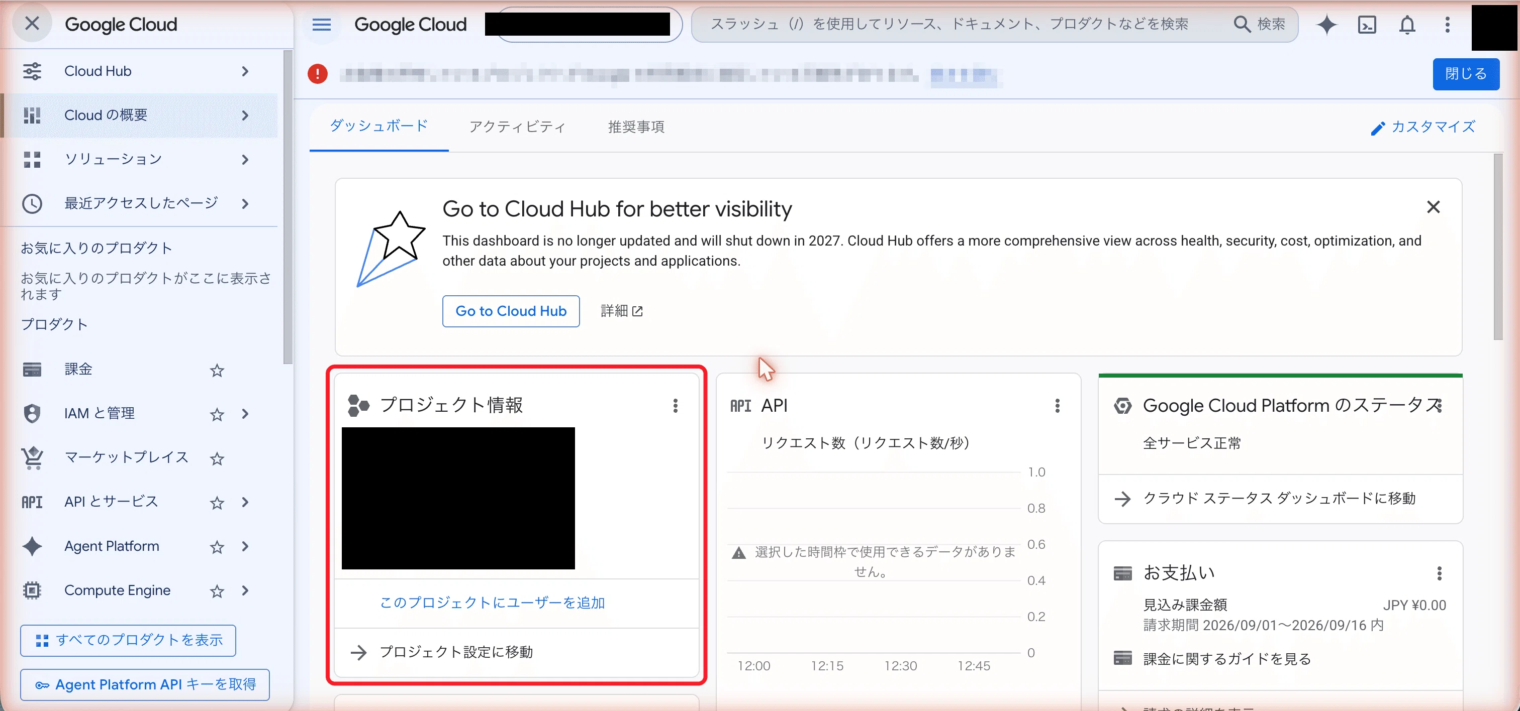 プロジェクトの管理画面。プロジェクト名が出ていれば成功