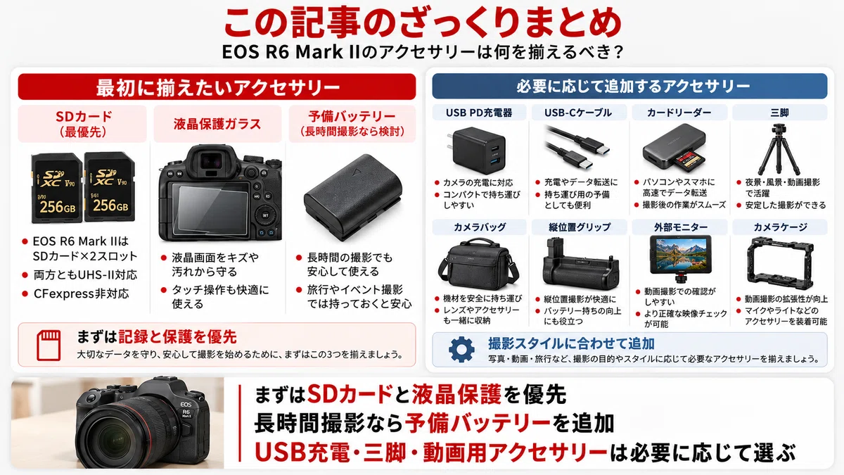 Canon】EOS R6 Mark II アクセサリーおすすめ｜最初に揃えたい必須