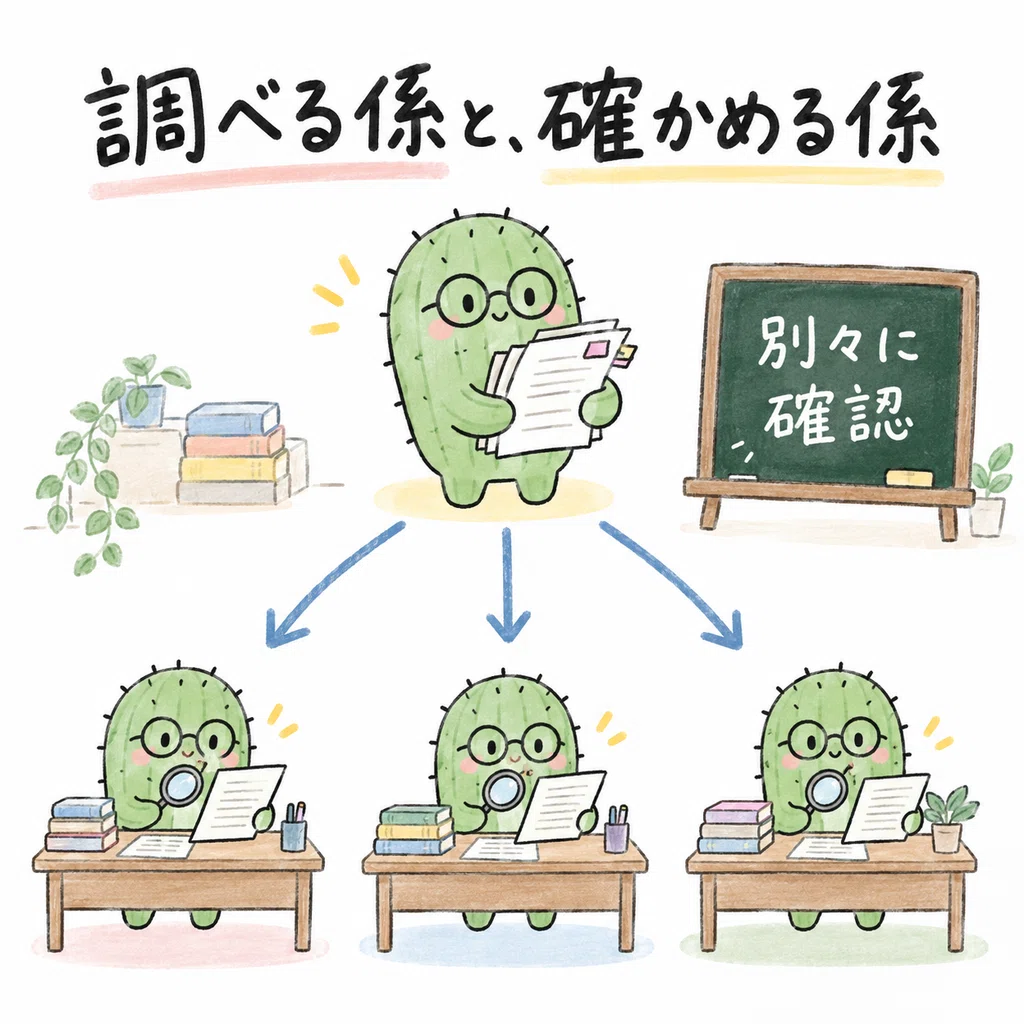 調査役とは別の3人が互いの答えを見ずに確かめる