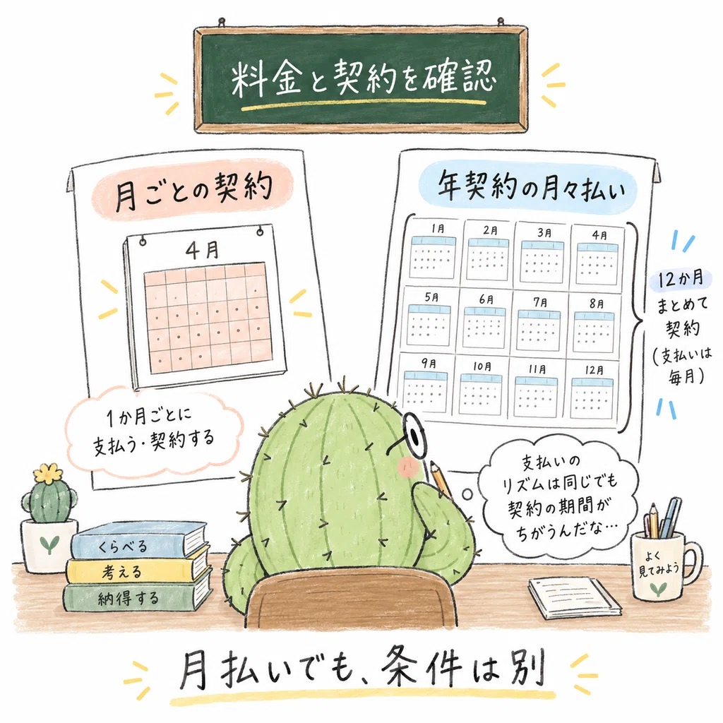 月ごとの契約と、年契約を月々払う方法は別