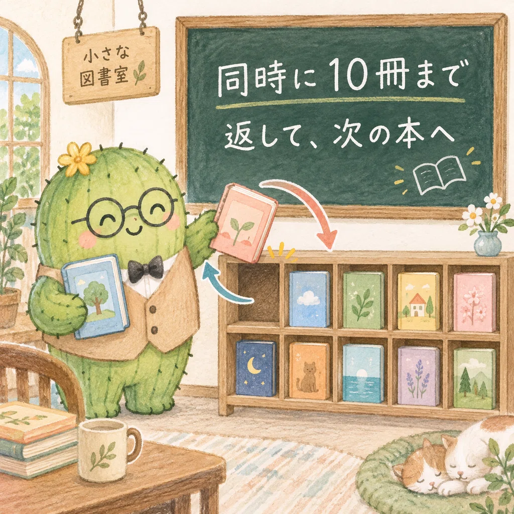 同時に10冊まで借り、返して次の本を読む図書館のイメージ