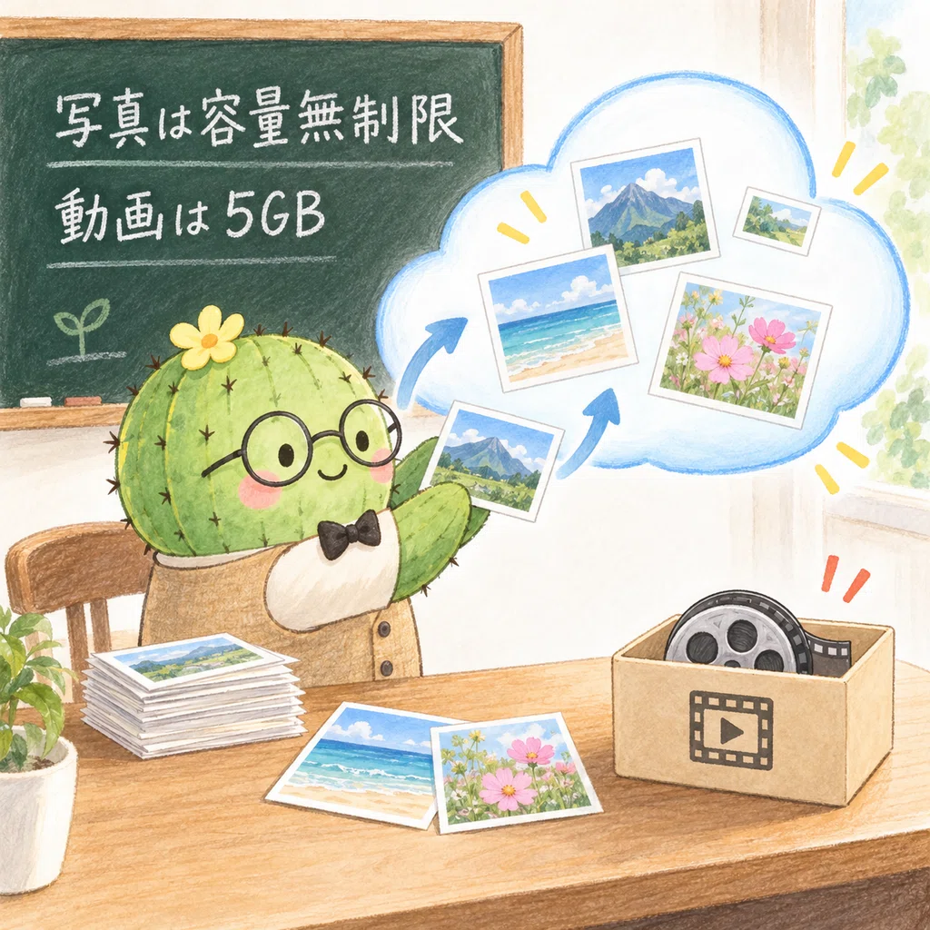 写真は容量無制限、動画は5GBという保存容量の違い