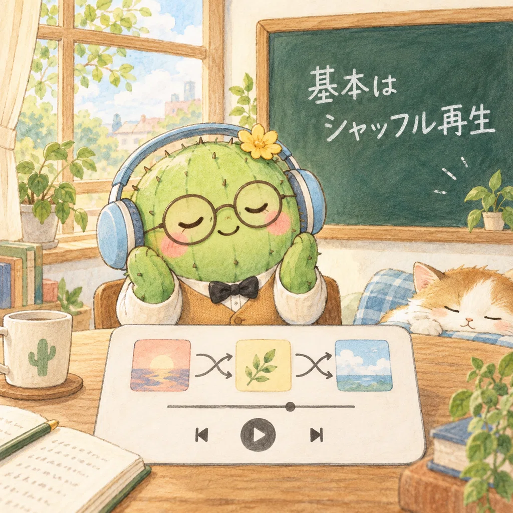 サボテン先生が曲の順番を混ぜるシャッフル再生を楽しむ