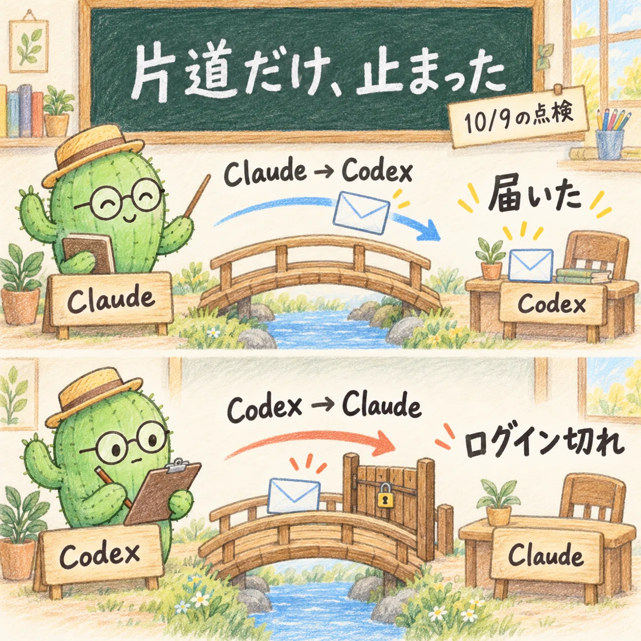 10月9日、ログイン切れを見つけた時点の図。ClaudeからCodexは届いたが、CodexからClaudeは送信前に止まっていた