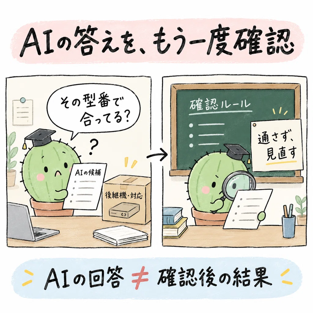 AIが返した候補をプログラムで再確認する場面。AIの回答と、確認を通った結果は別です。