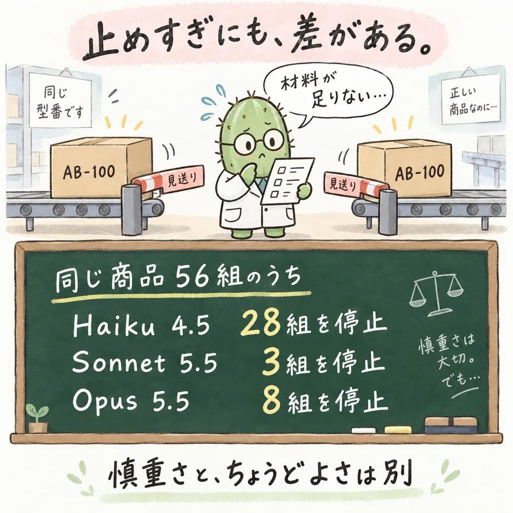 同じ商品の判断で、危ない取り違えと、慎重すぎて正しい候補を止めることは別です。