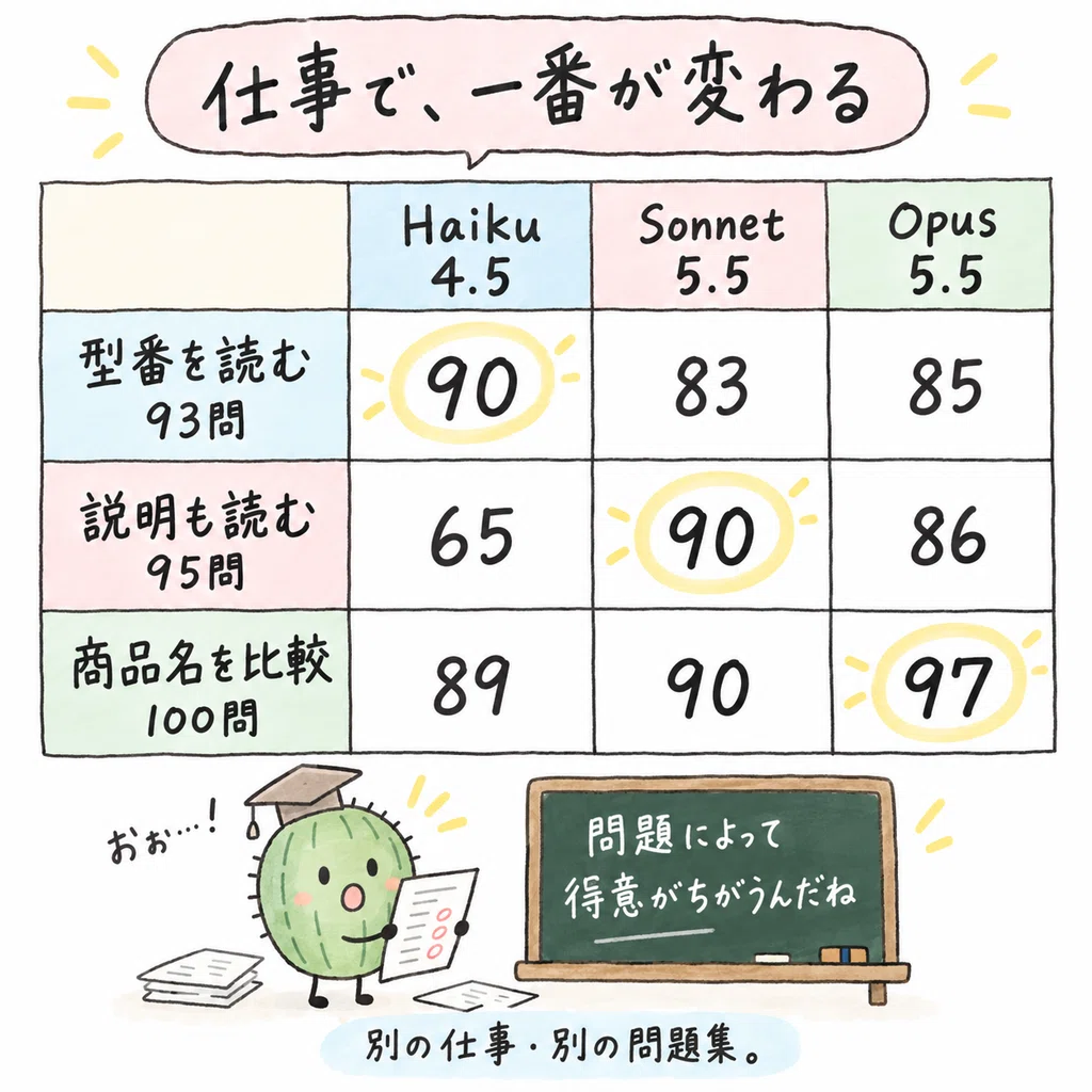3つの仕事の正解数。型番を読む仕事はHaiku、説明まで読む商品確認はSonnet、別の100問の商品確認はOpusが最多でした。