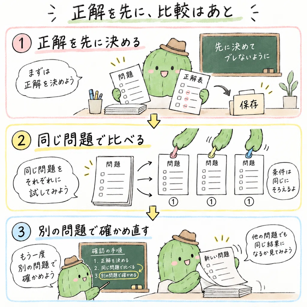 正解を先に決め、同じ問題で比べ、別の問題で確かめ直す3段階。
