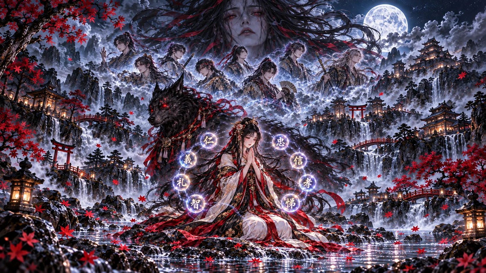 紡月の黒童話イラスト『南総里見八犬伝――祈りを囲む八つの光、怨念から